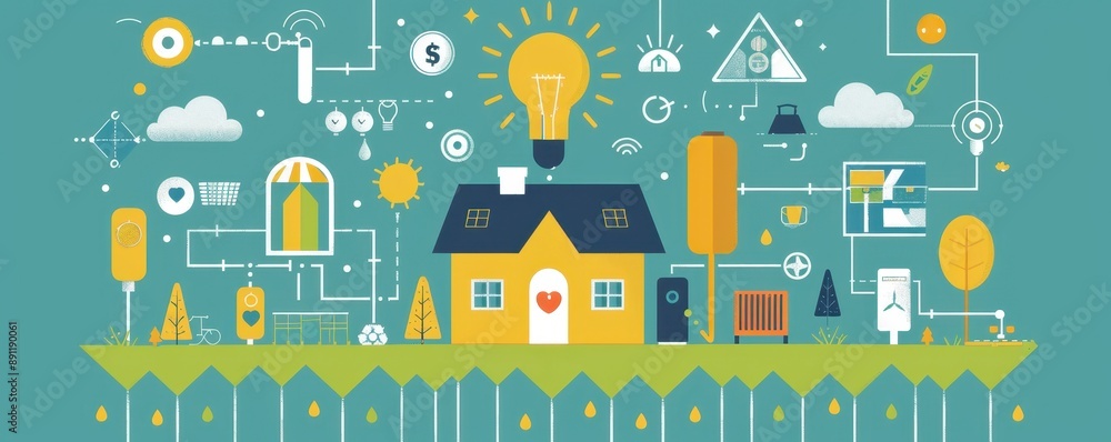 Poster smart home concept illustration with connected devices and home automation technologies for efficien