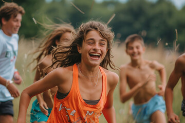 100. Friends playing a game of tag, running and laughing together. Sharp Focus, High-resolution photograph captured using Canon EOS R5 camera.