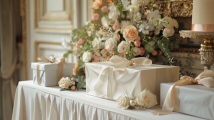 Elegant wedding gift table decorated with flowers and wrapped presents in a luxurious venue. Beautiful flower arrangement creating a lovely setting.