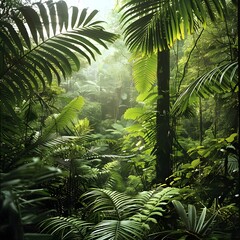 Sunlight filters through the dense canopy of a lush tropical forest.