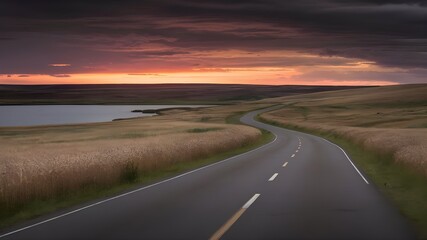 Fototapeta premium An empty road winding towards a serene lake at sunset. The horizon presents a mesmerizing sky filled with deep oranges and purples, casting a warm glow on the surrounding grasslands