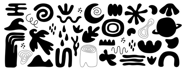 Abstract geometric shapes. Vector Hand drawn various shapes and doodle objects. Abstract contemporary modern style elements. Trendy black and white illustration. Stamp texture.
