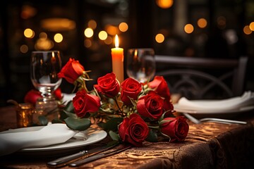 Romantic dinner setting with red roses, lit candle, and elegant tableware against a dim backdrop.
