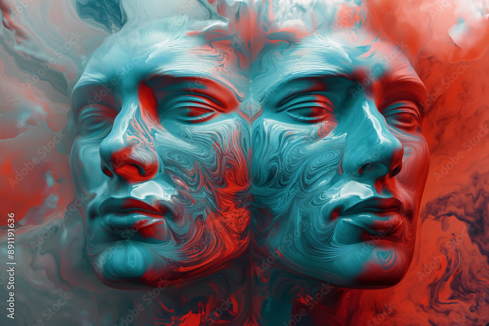 Poster a surreal illustration of two intertwined faces with swirling red and blue patterns, symbolizing the