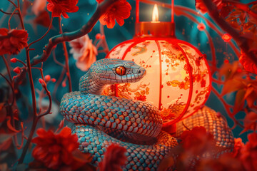 A colorful snake is coiled around a vibrant red lantern, symbolizing the celebration of the New Year of the Snake