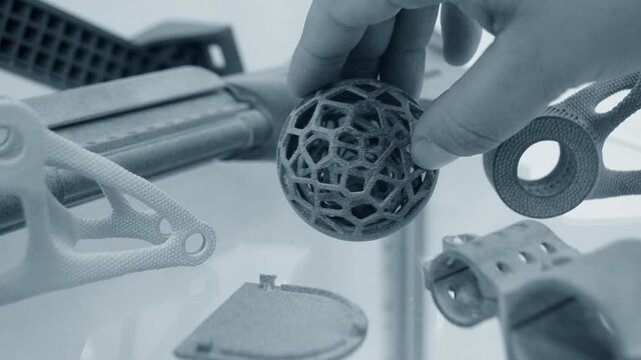 Person puts object printed on industrial powder 3D printer from white powder polyamide close-up. New modern 3D printing technology. Multi Jet Fusion (MJF). Progressive additive technology close-up