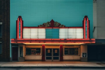 Old movie theater marquee in the 1970s city architecture illuminated.
