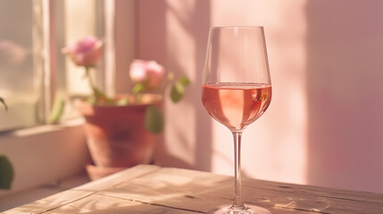 Glass of Rosé Wine on a Wooden Table by a Sunny Window