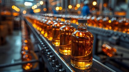 Sleek glass bottles, filled with whiskey, gracefully journey along a conveyor belt, marking the efficient, industrial dance of production.