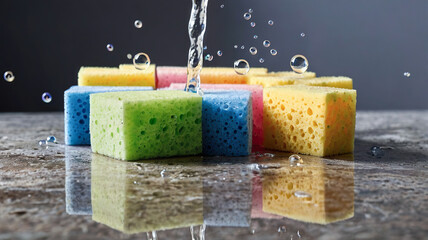 Colorful dish sponges with water droplets, highlighting cleanliness and the efficiency of household cleaning tools.