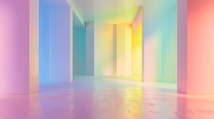 Abstract rainbow gradient multi-color scene background with a perspective room. Summer multi-color pattern backdrops rendered in 3D.