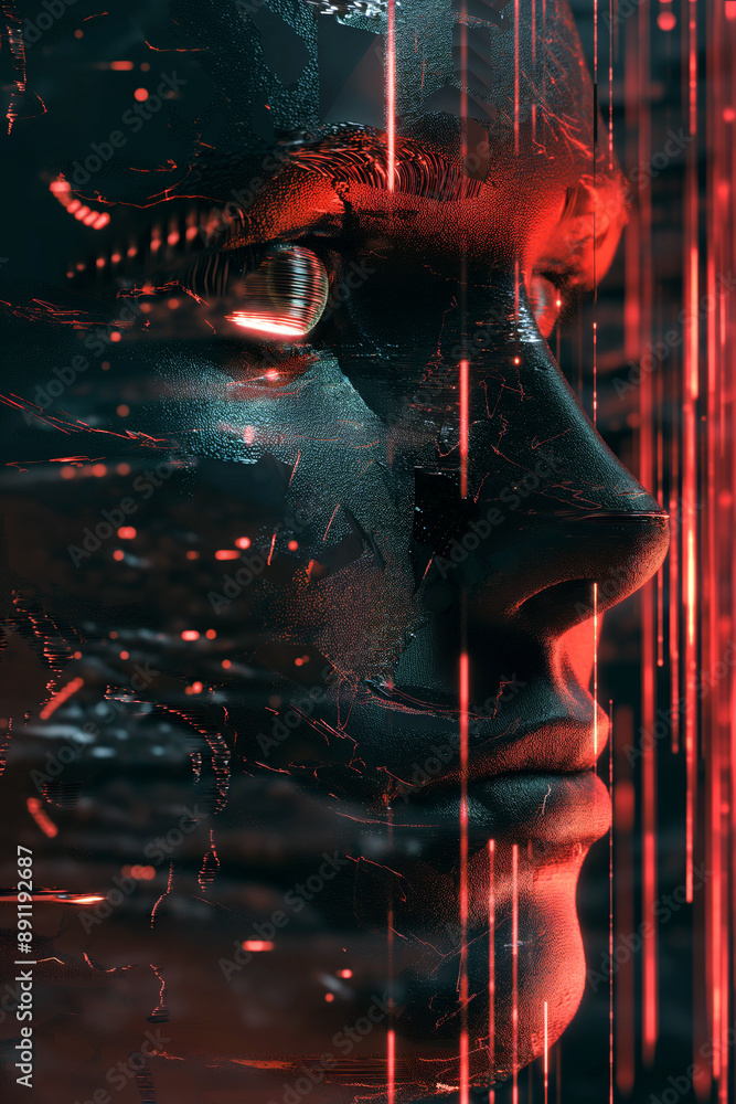 Poster a close-up profile of a futuristic face with digital effects, symbolizing the concept of deepfake te