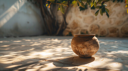 Traditional Greek Pottery with Mastiha Spirit in a Sunlit Courtyard