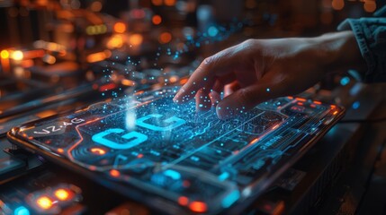 A hand hovers over a smartphone screen displaying a futuristic interface with glowing 5G text