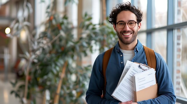 A university teacher smiling while holding a stack of graded assignments.