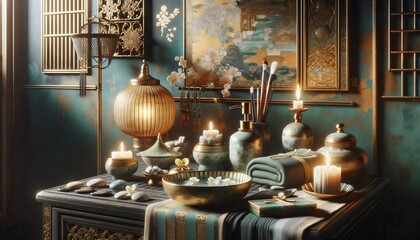 Rituales de Spa: Serenidad y Lujo Oriental, Foto hiperrealista Ai, Ilustración 3D