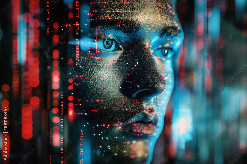 Poster a close-up of a person's face overlaid with digital dots and lines, symbolizing the concept of deepf