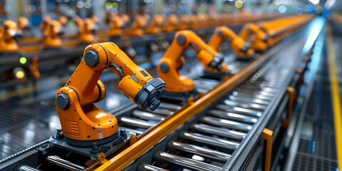 Fototapeta premium 3d rendering robotic arms on conveyor belt in factory production line
