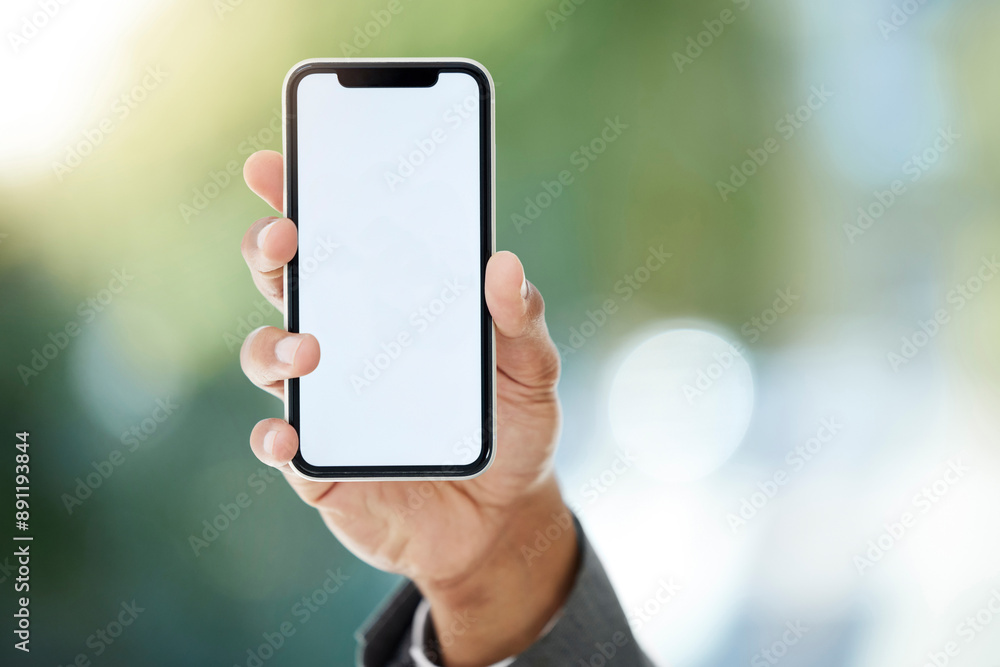 Poster hands, smartphone and screen for mockup in office with man for business or career in company. displa