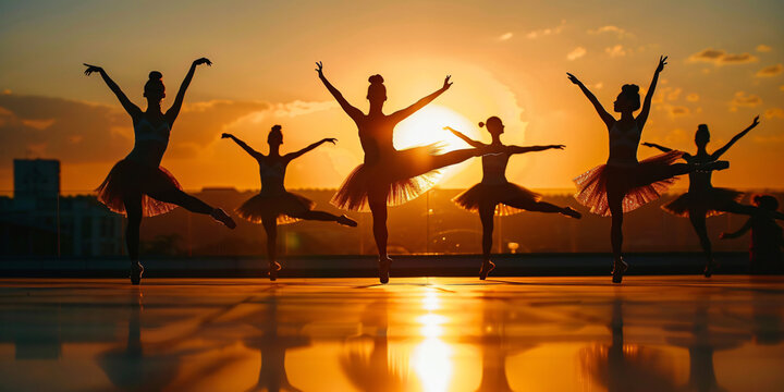Silhouettes of graceful ballerinas dancing against the backdrop of a vibrant sunset.