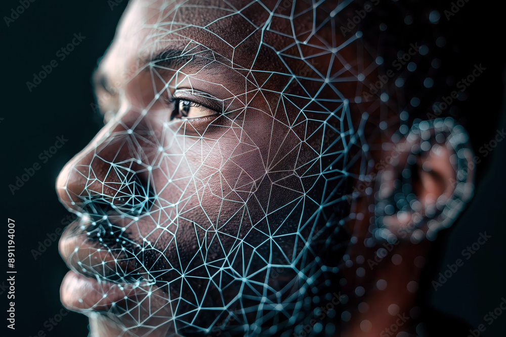 Poster portrait of man with wireframe overlay for deepfake technology. facial tracking, detection and recog