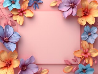 Obraz premium Pink background with colorful flowers for invitation card. Blank space for text, and copy-paste. The Template is ready to use. This design is suitable for mockup, greeting and invitation cards.