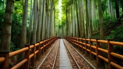 A wooden bridge in a bamboo forest, travel destination, Tour tourism exploring.