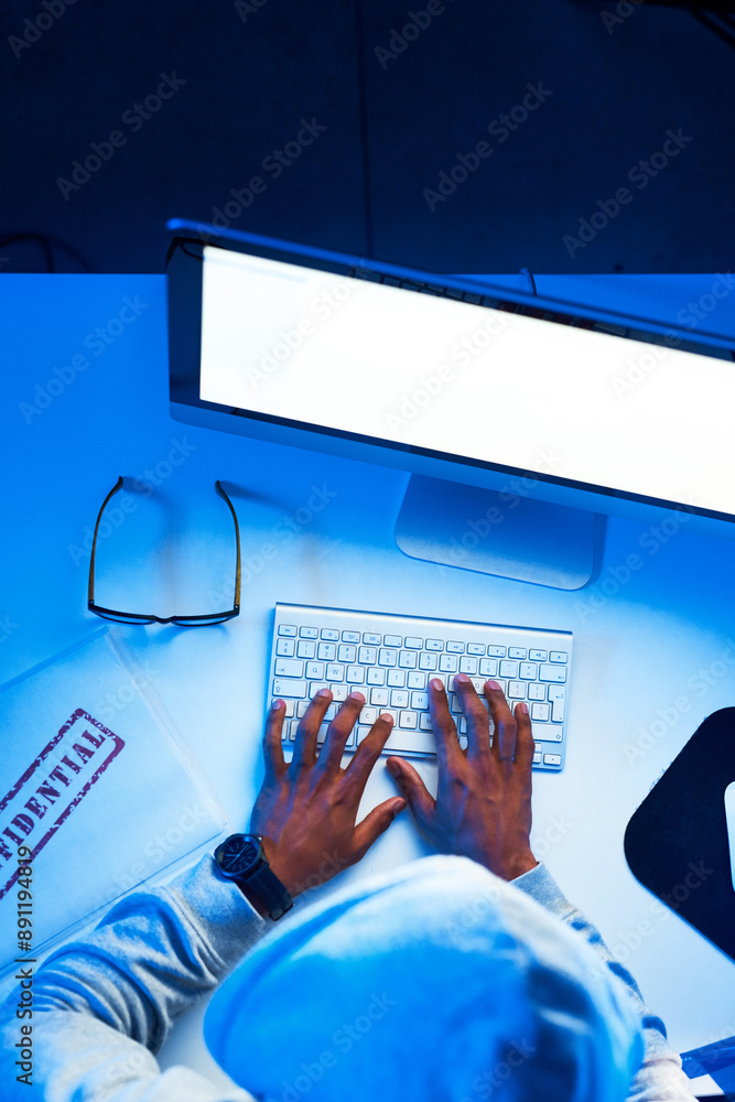 Poster mockup space, screen or black man hacking computer for cybercrime, malware or phishing for stealing 