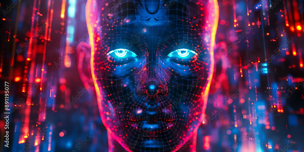 Poster a futuristic face with glowing eyes and a digital grid overlay, symbolizing deepfake technology and 