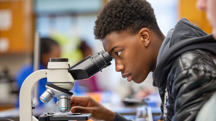 Student using a microscope in a biology lab class