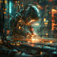 Futuristic Cyclops Welding with Holographic Torch in Sci-Fi Workshop - Photorealistic Image with Intricate Details and Sparks Flying
