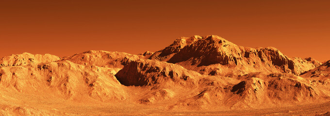 Planet mars illustration, orange red eroded mars surface, science fiction 3D illustration background. © Cobalt
