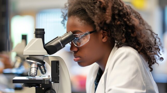 Student using a microscope in a biology lab class