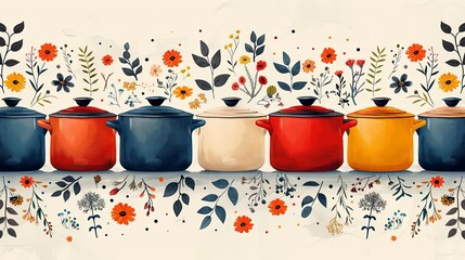 vector, illustration, flat, Cooking pots vector seamless pattern in doodle style, isolated on white background, kitchen cookware hand drawn illustration with soup pots, spoons, spices