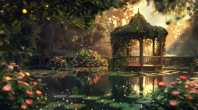 Charming gazebo in a lush garden with blooming flowers and pond at sunset, relaxing, lofi style