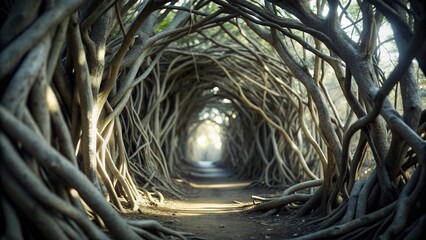 Secluded forest tunnel formed by intertwined tree branches, dappled sunlight creating intricate patterns on the ground.