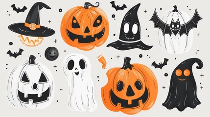 Obraz premium Vibrant Collection of Rhinestone Halloween Stickers Featuring Glittery Pumpkins, Bats, and Spiders on a Stark White Background