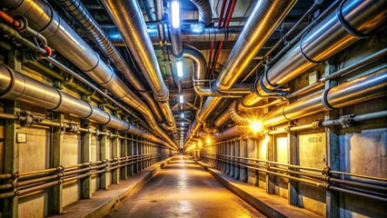 Industrial service tunnel with exposed pipes and cables running along the walls, harsh fluorescent lights creating stark contrasts.