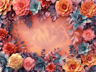 Floral Background with Peachy Hues and Pastel Blue. Blank space for text, and copy-paste. The Template is ready to use. This design is suitable for greeting and invitation cards.