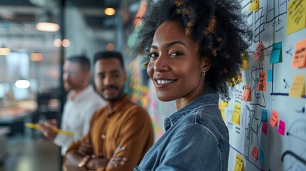 A diverse team of professionals discussing competitive advantage tactics over a whiteboard in a collaborative office environment, emphasizing teamwork and creativity