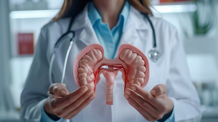 Urinary system explained by a female doctor holding an anatomical mockup