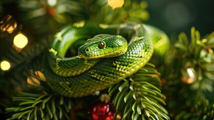 Fototapeta premium A green snake, adorned with a bright yellow stripe, rests on a Christmas tree branch, its head tilted slightly, watching the scene unfold