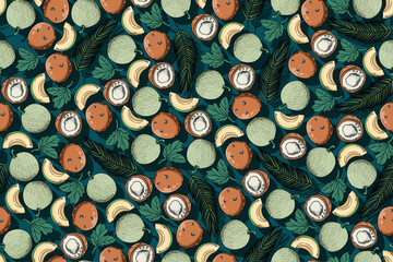 seamless pattern melon and coconut vector drawing