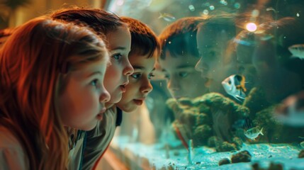 Children captivated by colorful marine life in aquarium. Their fascination grows as they observe underwater creatures up close through the glass tank.