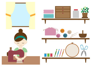 裁縫道具と裁縫中の人のイラスト