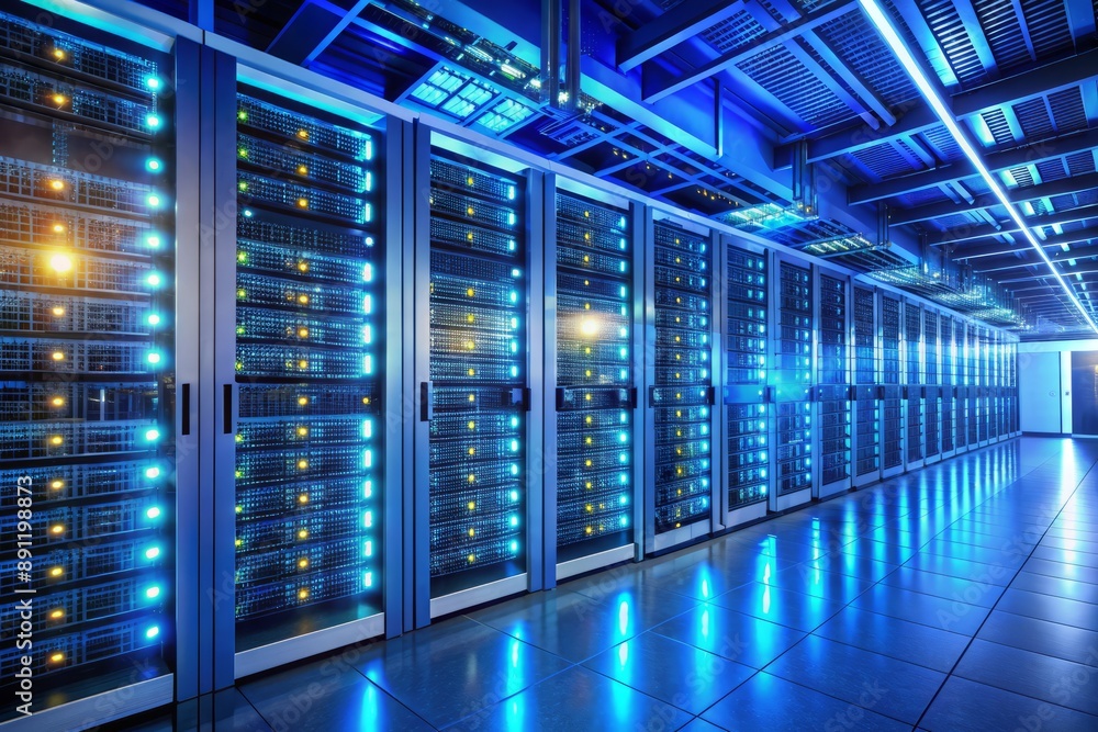 Poster a tidy server room with rows of humming servers and data storage systems, illuminated by soft blue l
