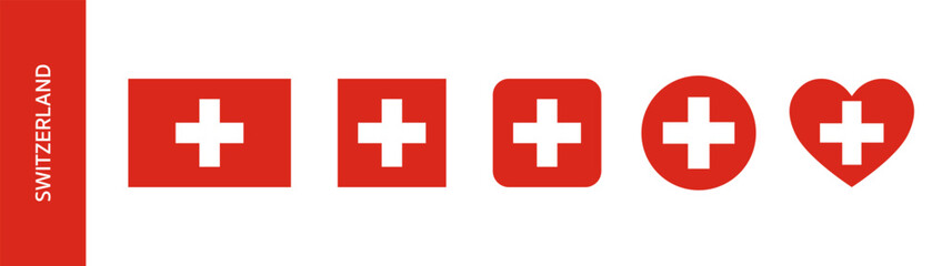 Switzerland flag icon set. Swiss flag sign in round and square set. Flag of Switzerland in heart and circle