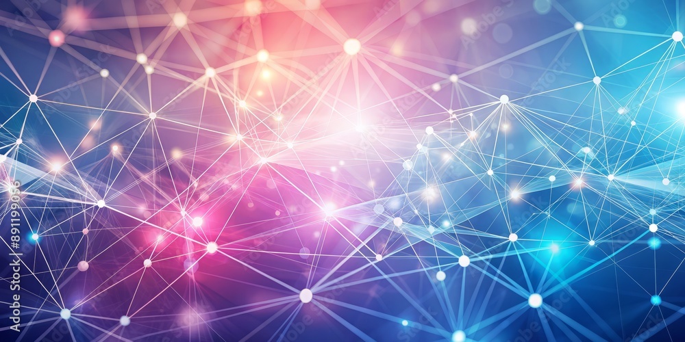 Poster soft pastel pink and blue abstract background with interconnected lines and nodes forming a futurist