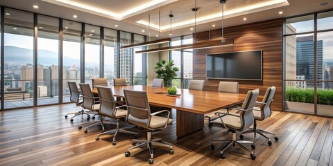 Modern conference room with sleek wooden table and empty chairs surrounded by glass walls, featuring a large blank screen awaiting presentation.
