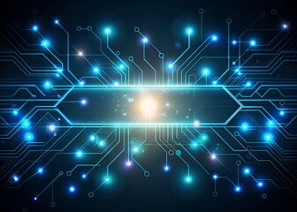 Obraz premium Abstract futuristic network evolution concept featuring a sleek blank banner template with glowing circuits, wires, and nodes on a dark gradient background.